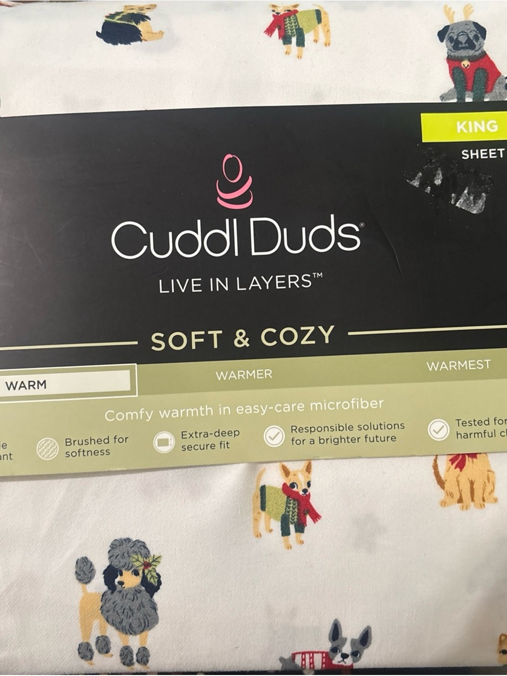 Cuddl Duds King Sheet Set - White with Gray & Yellow Puppy Accents